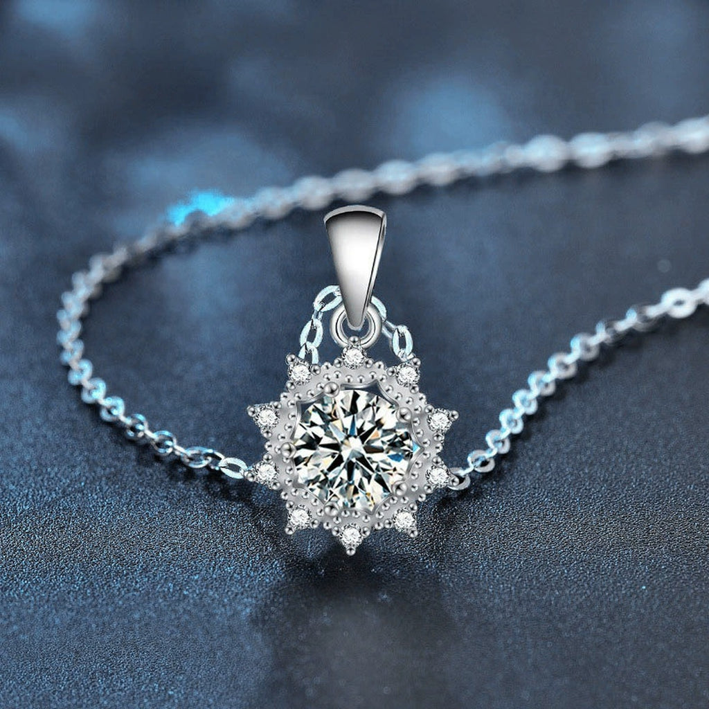 Sunflower Round Moissanite Necklace with CZ in White Gold-Plated S925 sterling silver angled product detail view