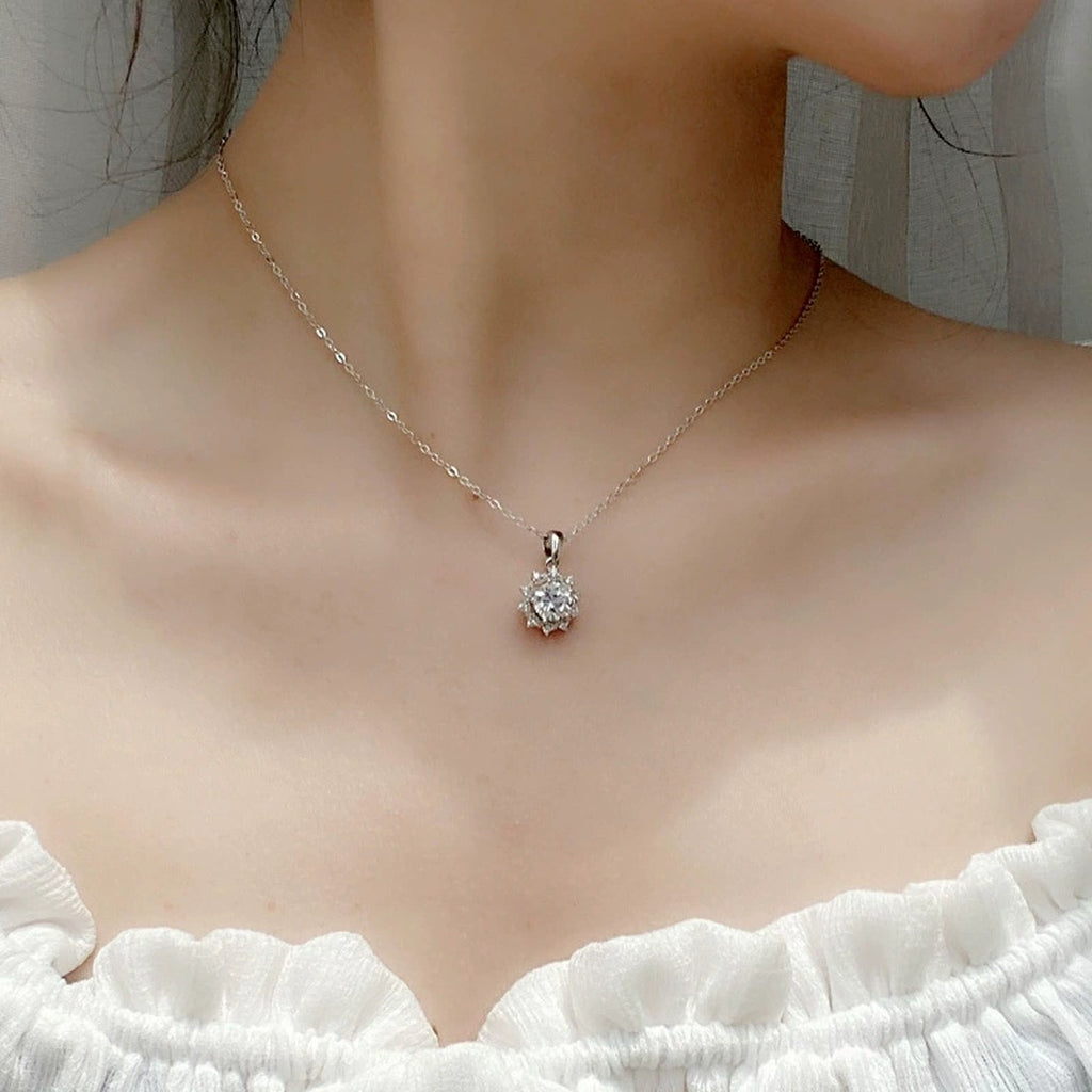 Sunflower Round Moissanite Necklace with CZ in White Gold-Plated S925 sterling silver neckline model view showing pendant scale and chain length