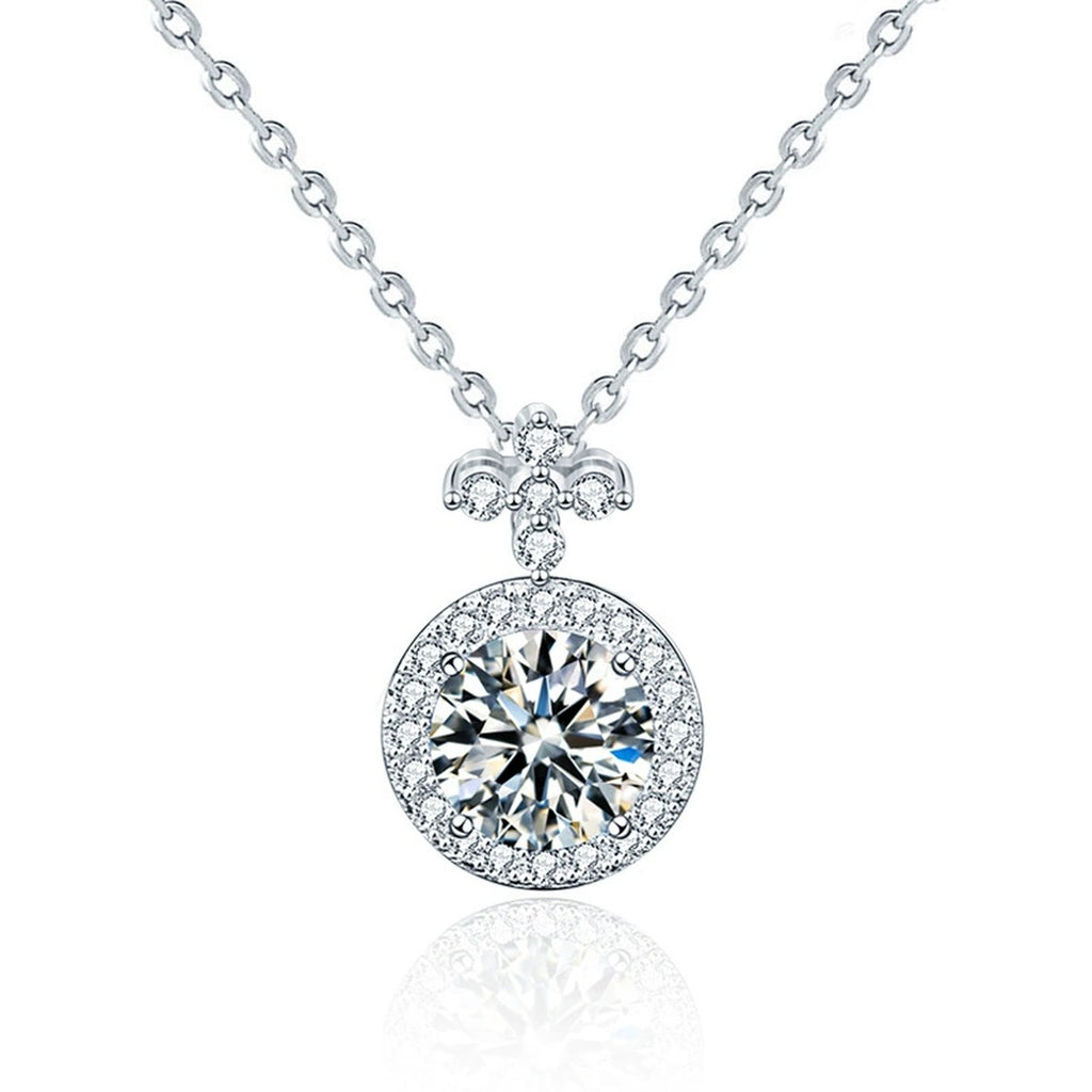 Halo Round Moissanite Necklace with CZ in White Gold-Plated S925 sterling silver white background product photo showing round halo pendant with a bright moissanite center and CZ accents
