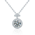 Halo Round Moissanite Necklace with CZ in White Gold-Plated S925 sterling silver white background product photo showing round halo pendant with a bright moissanite center and CZ accents