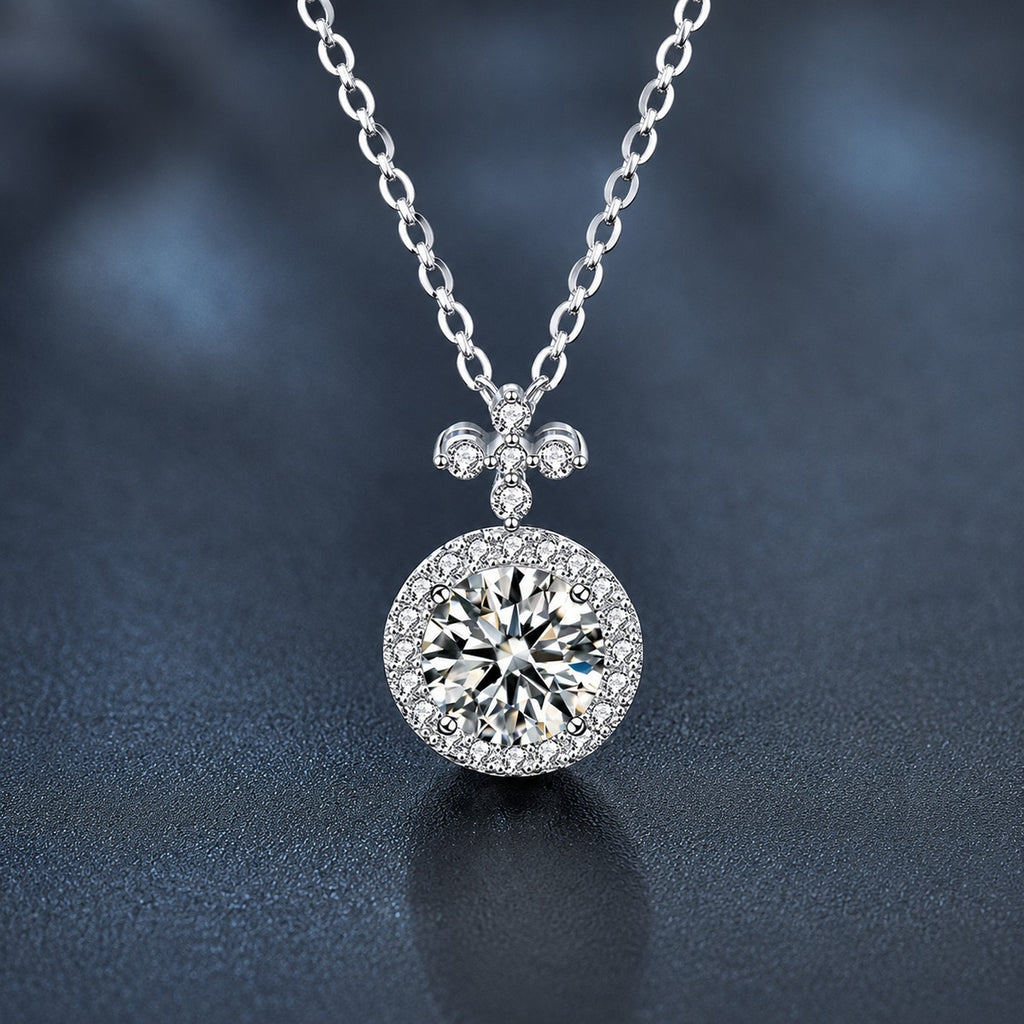 Halo Round Moissanite Necklace with CZ in White Gold-Plated S925 sterling silver close-up product scene showing pendant setting