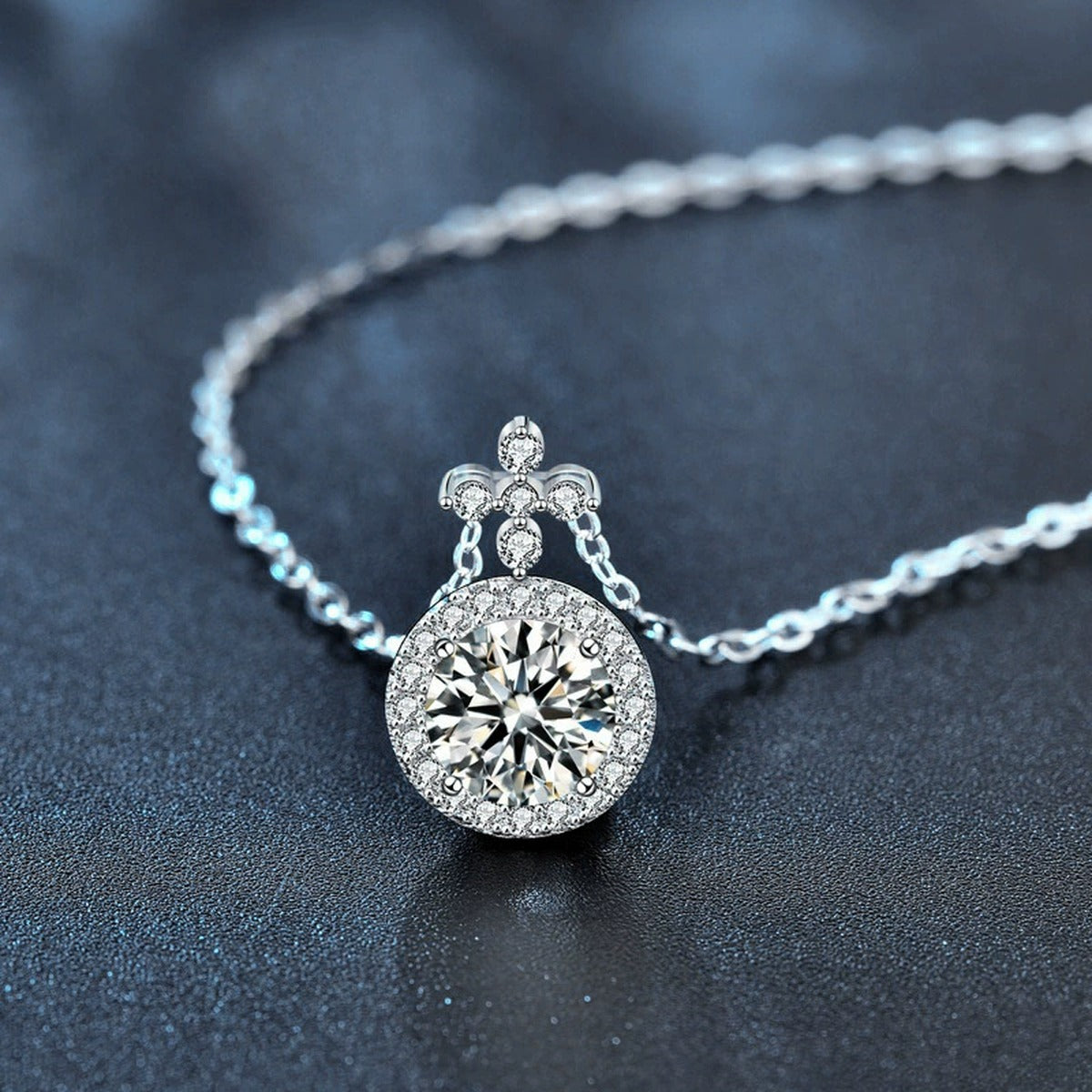 Halo Round Moissanite Necklace with CZ in White Gold-Plated S925 sterling silver blue display scene showing chain and stone layout