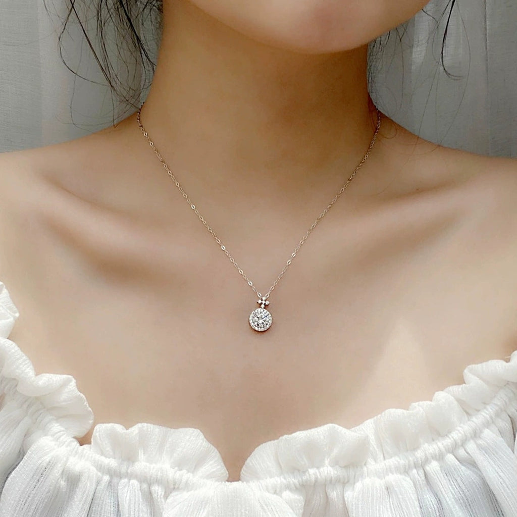 Halo Round Moissanite Necklace with CZ in White Gold-Plated S925 sterling silver neckline model view showing pendant scale and chain length
