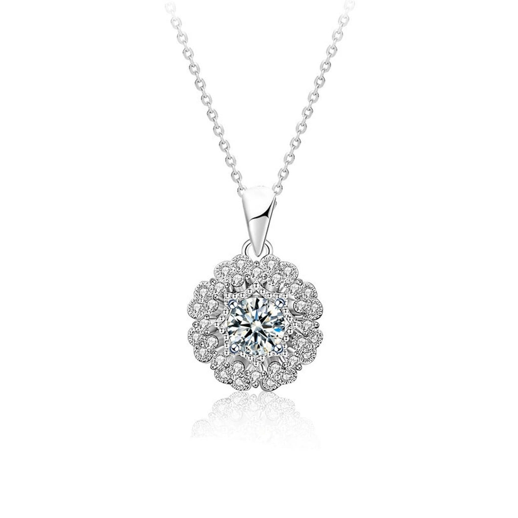 Kaleidoscope Round Moissanite Necklace with CZ in White Gold-Plated S925 sterling silver white background front product view showing open kaleidoscope-inspired pendant framing a round moissanite with CZ accents