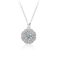 Kaleidoscope Round Moissanite Necklace with CZ in White Gold-Plated S925 sterling silver white background front product view showing open kaleidoscope-inspired pendant framing a round moissanite with CZ accents