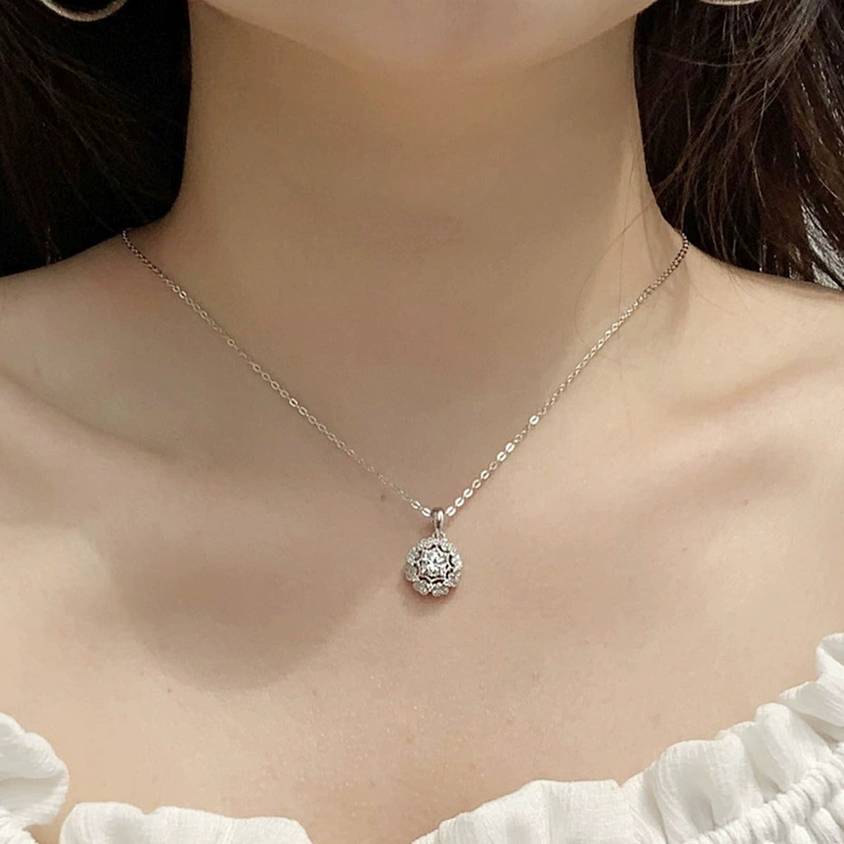 Kaleidoscope Round Moissanite Necklace with CZ in White Gold-Plated S925 sterling silver neckline model view showing pendant scale and chain length