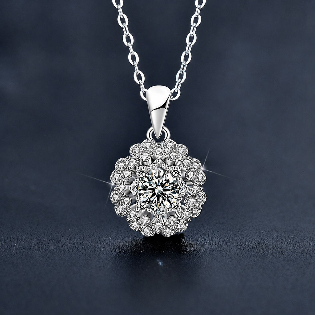 Kaleidoscope Round Moissanite Necklace with CZ in White Gold-Plated S925 sterling silver close-up styled product scene showing pendant setting