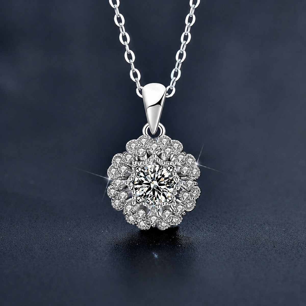 Kaleidoscope Round Moissanite Necklace with CZ in White Gold-Plated S925 sterling silver close-up styled product scene showing pendant setting