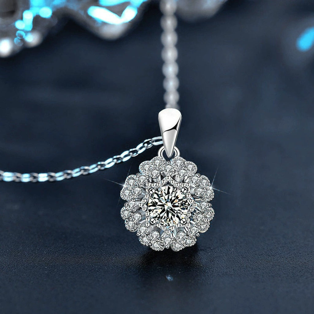 Kaleidoscope Round Moissanite Necklace with CZ in White Gold-Plated S925 sterling silver display scene showing chain and stone layout