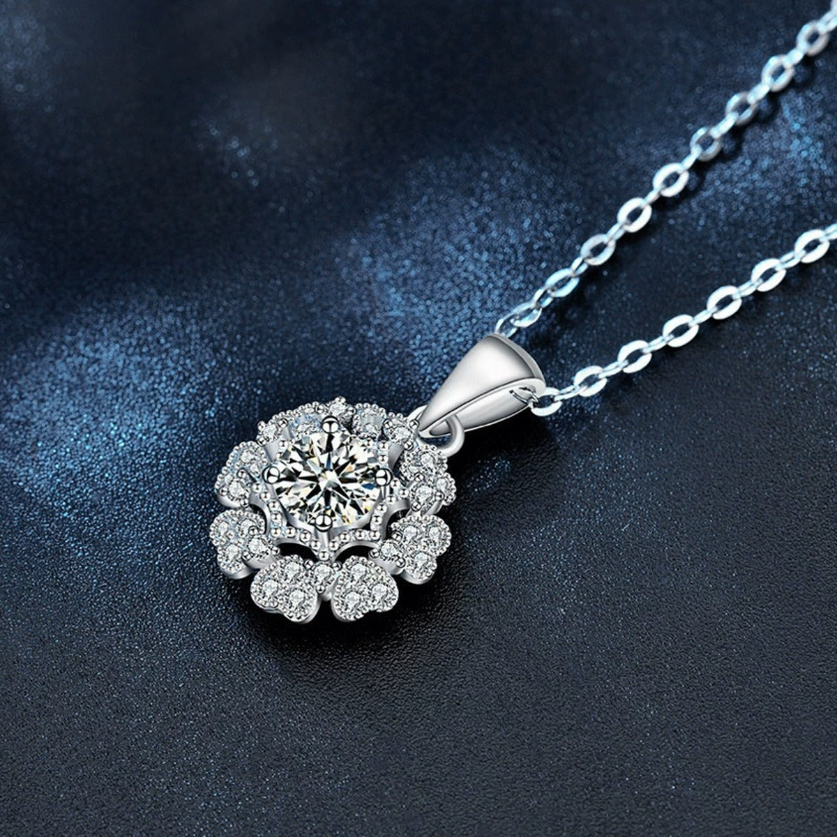 Kaleidoscope Round Moissanite Necklace with CZ in White Gold-Plated S925 sterling silver angled product detail view