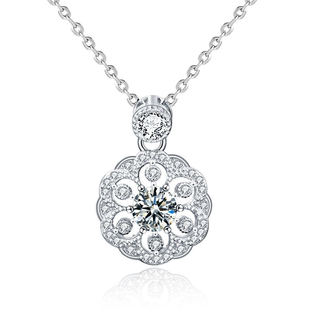 Flower Round Moissanite Necklace with CZ in White Gold-Plated S925 sterling silver white background product photo showing flower pendant with round moissanite center and CZ petal detail
