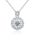 Flower Round Moissanite Necklace with CZ in White Gold-Plated S925 sterling silver white background product photo showing flower pendant with round moissanite center and CZ petal detail