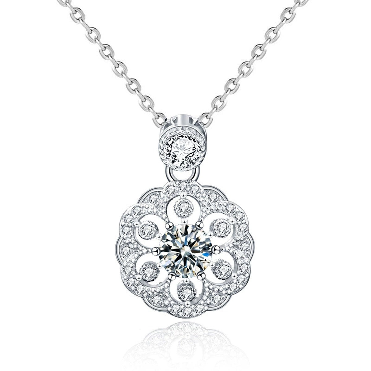 Flower Round Moissanite Necklace with CZ in White Gold-Plated S925 sterling silver white background product photo showing flower pendant with round moissanite center and CZ petal detail