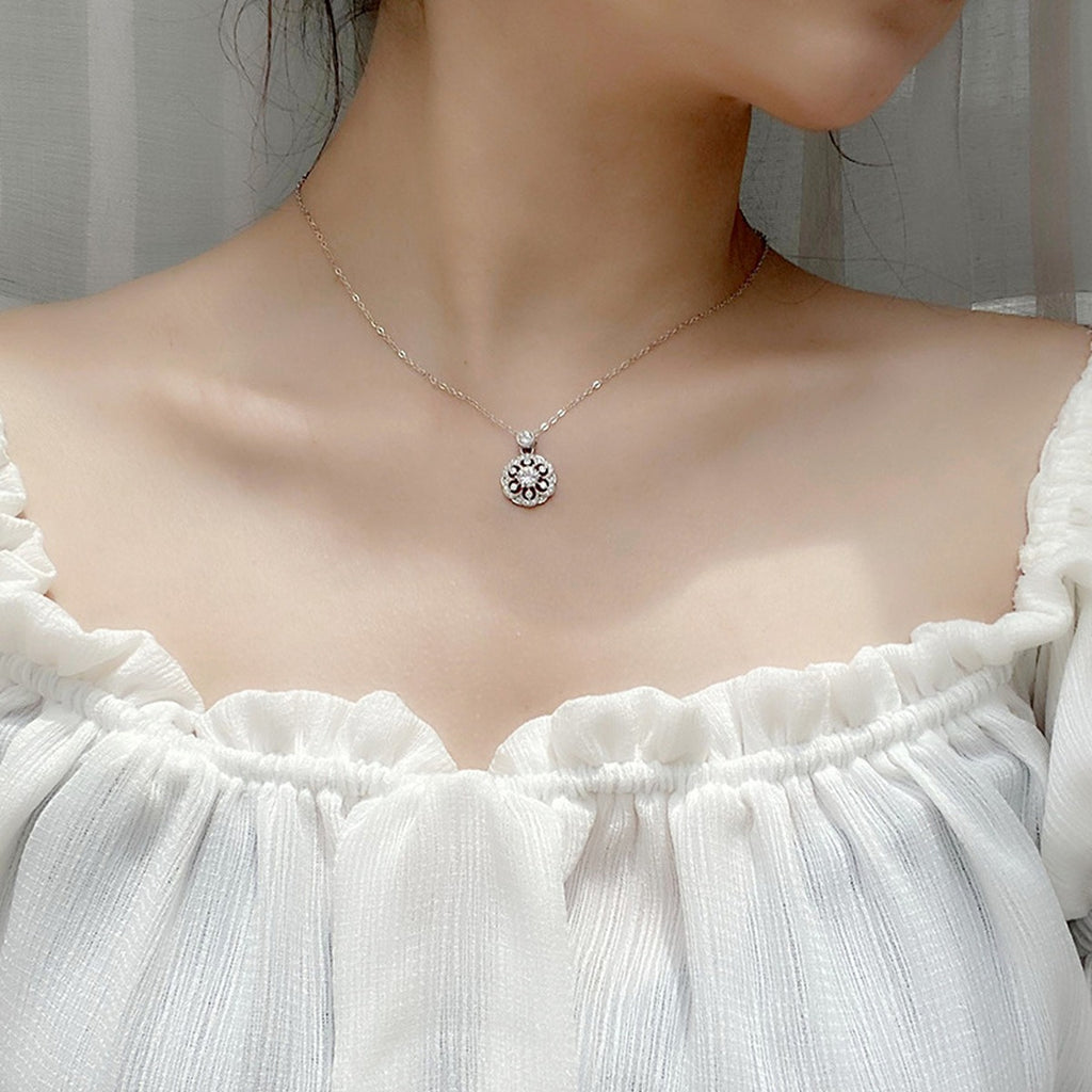 Flower Round Moissanite Necklace with CZ in White Gold-Plated S925 sterling silver neckline model view showing pendant scale and chain length
