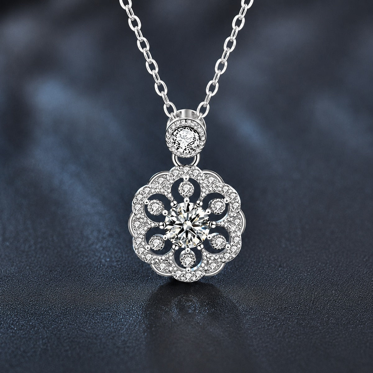 Flower Round Moissanite Necklace with CZ in White Gold-Plated S925 sterling silver close-up product scene showing pendant setting