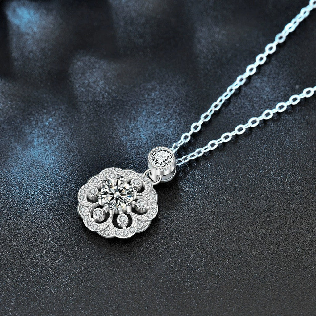 Flower Round Moissanite Necklace with CZ in White Gold-Plated S925 sterling silver blue display scene showing chain and stone layout