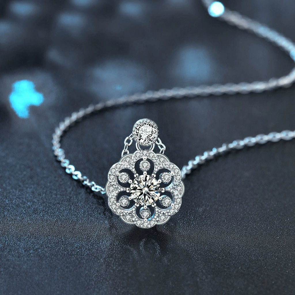 Flower Round Moissanite Necklace with CZ in White Gold-Plated S925 sterling silver angled product detail view