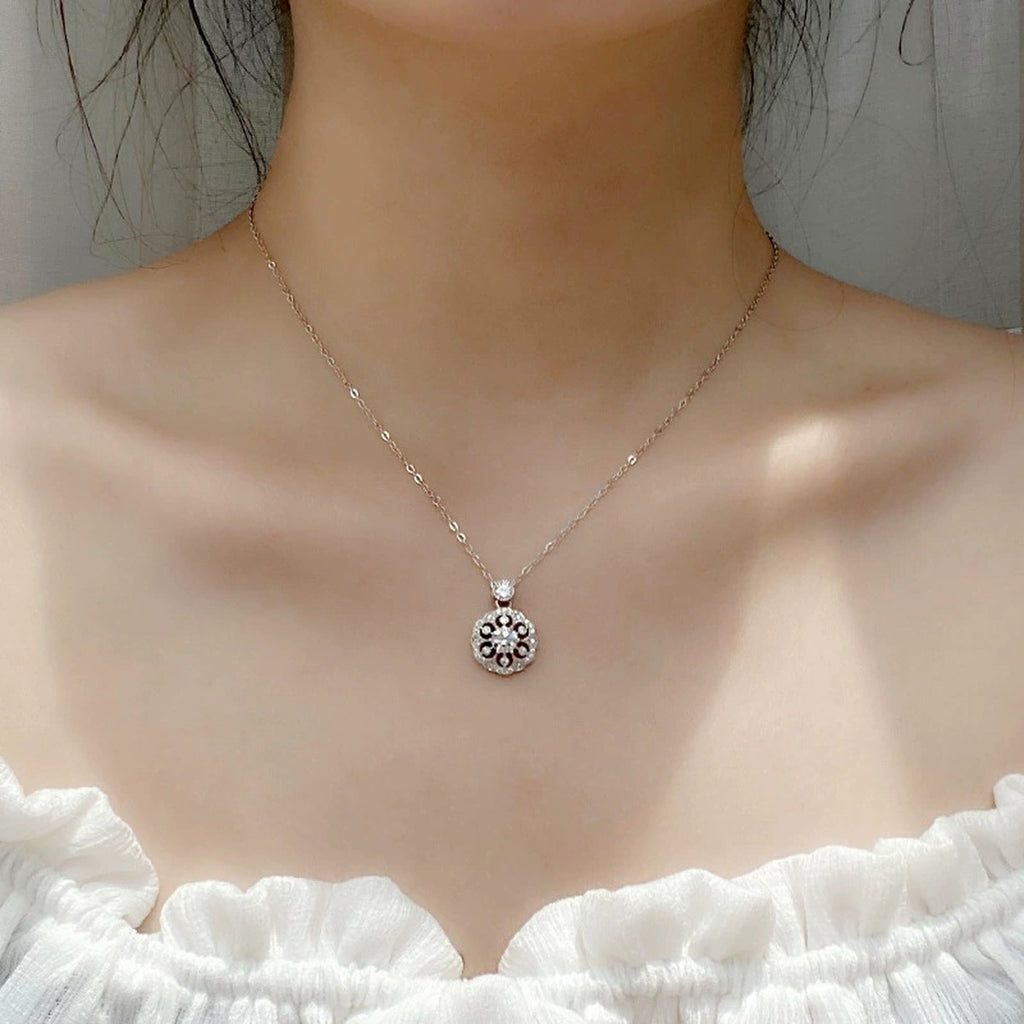 Flower Round Moissanite Necklace with CZ in White Gold-Plated S925 sterling silver neckline model view showing pendant scale and chain length