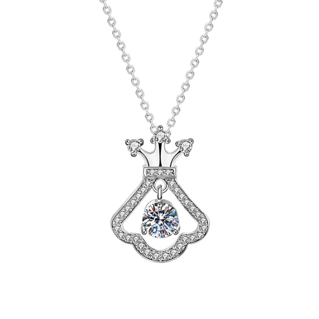 Crown Dress Round Moissanite Necklace with CZ in White Gold-Plated S925 sterling silver white background product photo showing crown dress pendant with round moissanite center and CZ frame