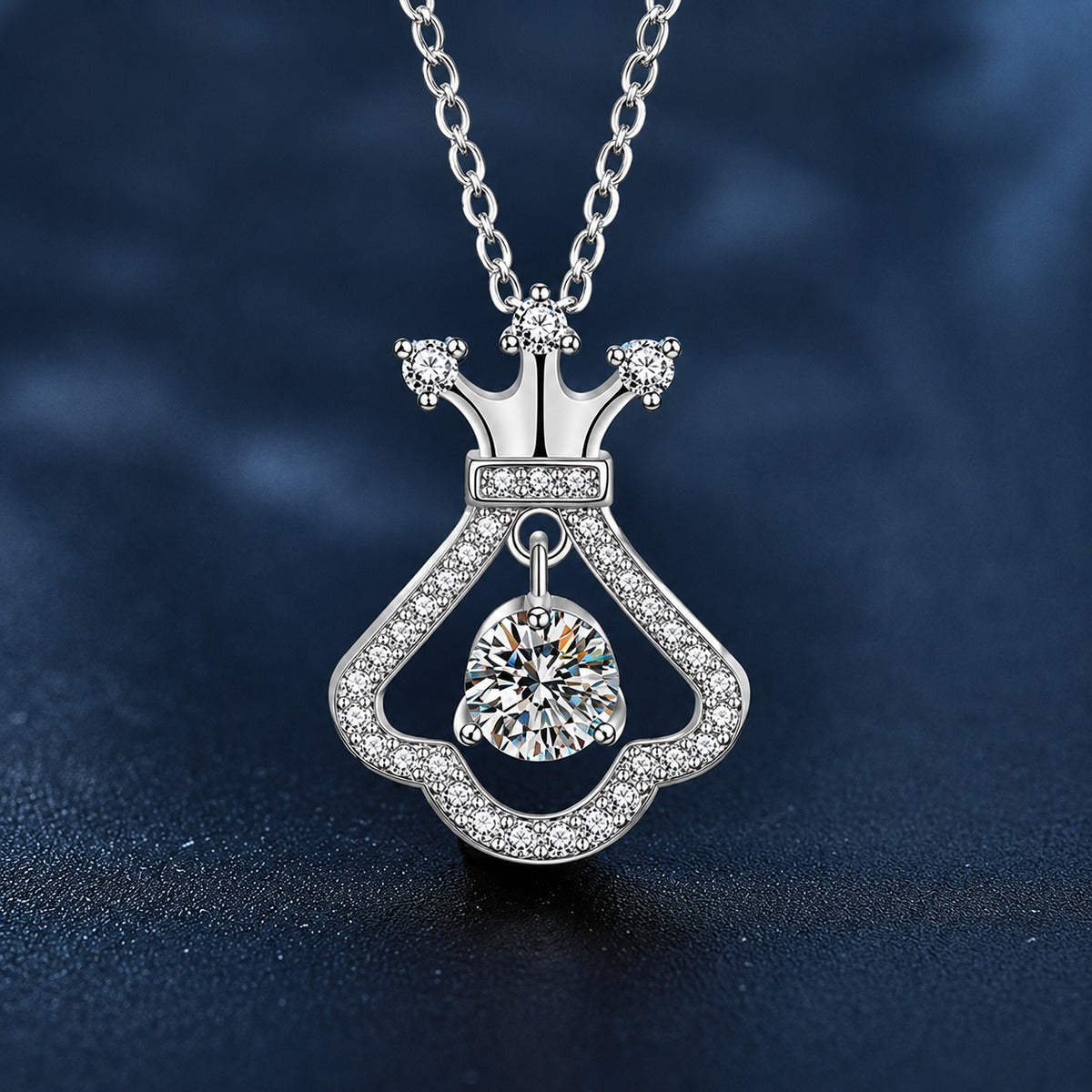 Crown Dress Round Moissanite Necklace with CZ in White Gold-Plated S925 sterling silver close-up product scene showing pendant setting