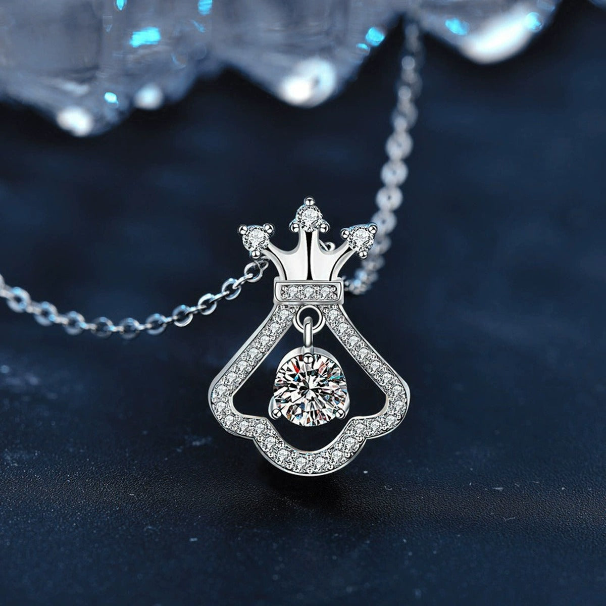Crown Dress Round Moissanite Necklace with CZ in White Gold-Plated S925 sterling silver blue display scene showing chain and stone layout