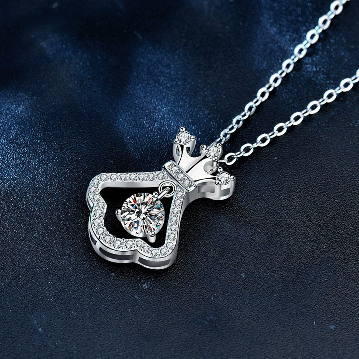Crown Dress Round Moissanite Necklace with CZ in White Gold-Plated S925 sterling silver angled product detail view