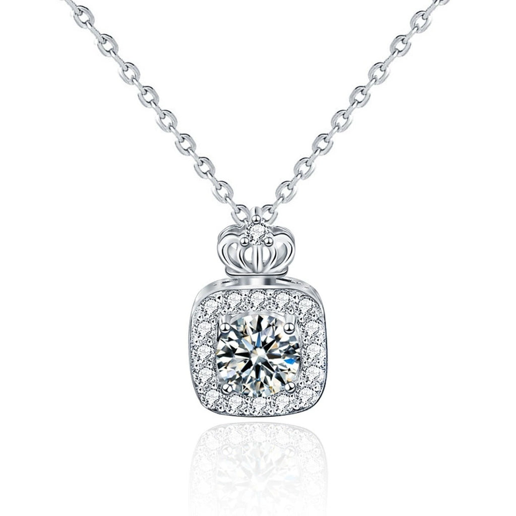 Perfume Bottle Round Moissanite Necklace with CZ in White Gold-Plated S925 sterling silver white background product photo showing perfume bottle pendant with round moissanite center and CZ frame