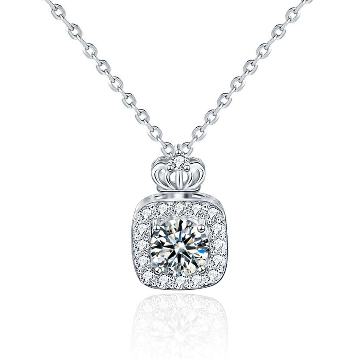 Perfume Bottle Round Moissanite Necklace with CZ in White Gold-Plated S925 sterling silver white background product photo showing perfume bottle pendant with round moissanite center and CZ frame