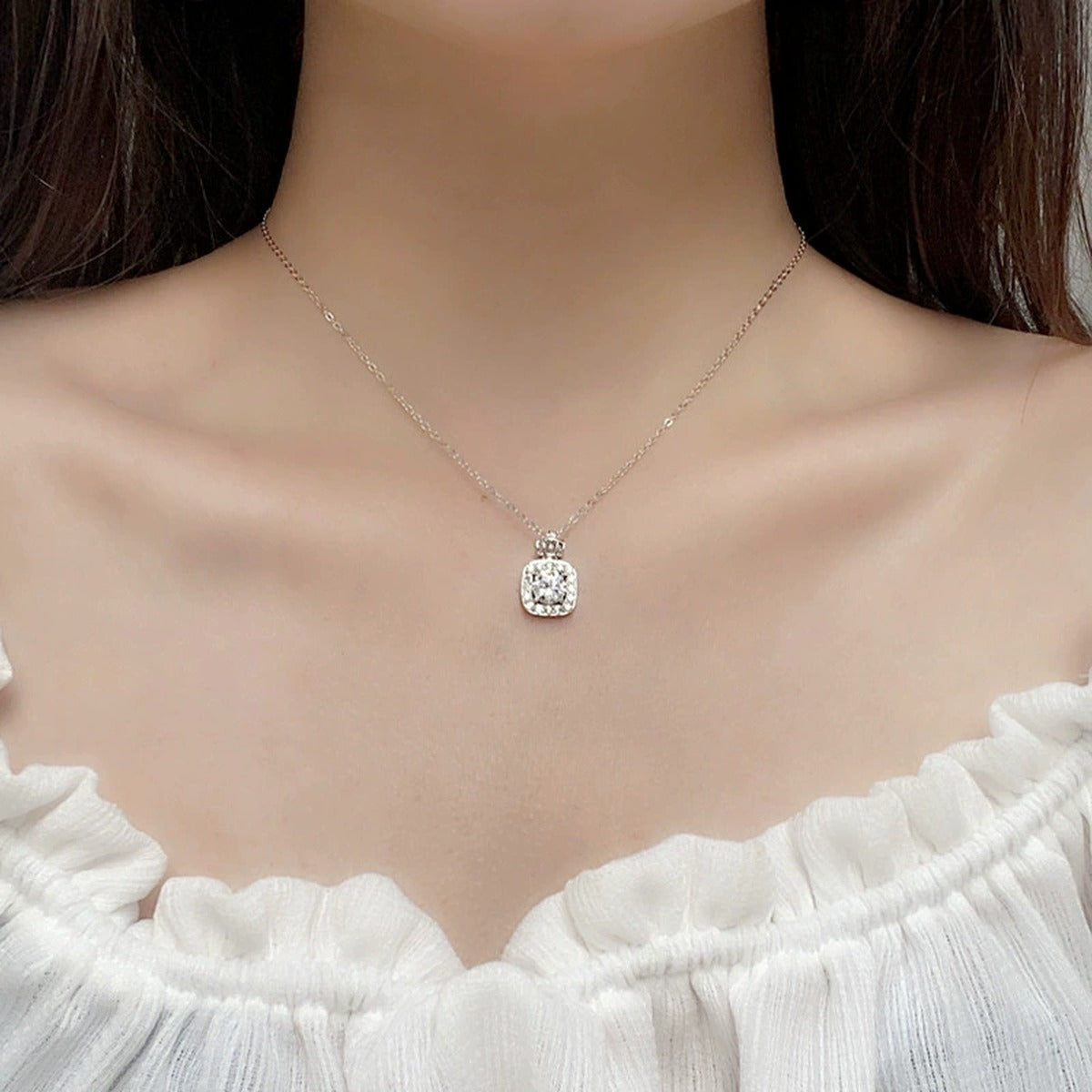 Perfume Bottle Round Moissanite Necklace with CZ in White Gold-Plated S925 sterling silver neckline model view showing pendant scale and chain length