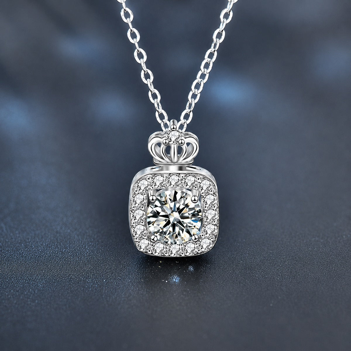 Perfume Bottle Round Moissanite Necklace with CZ in White Gold-Plated S925 sterling silver close-up product scene showing pendant setting