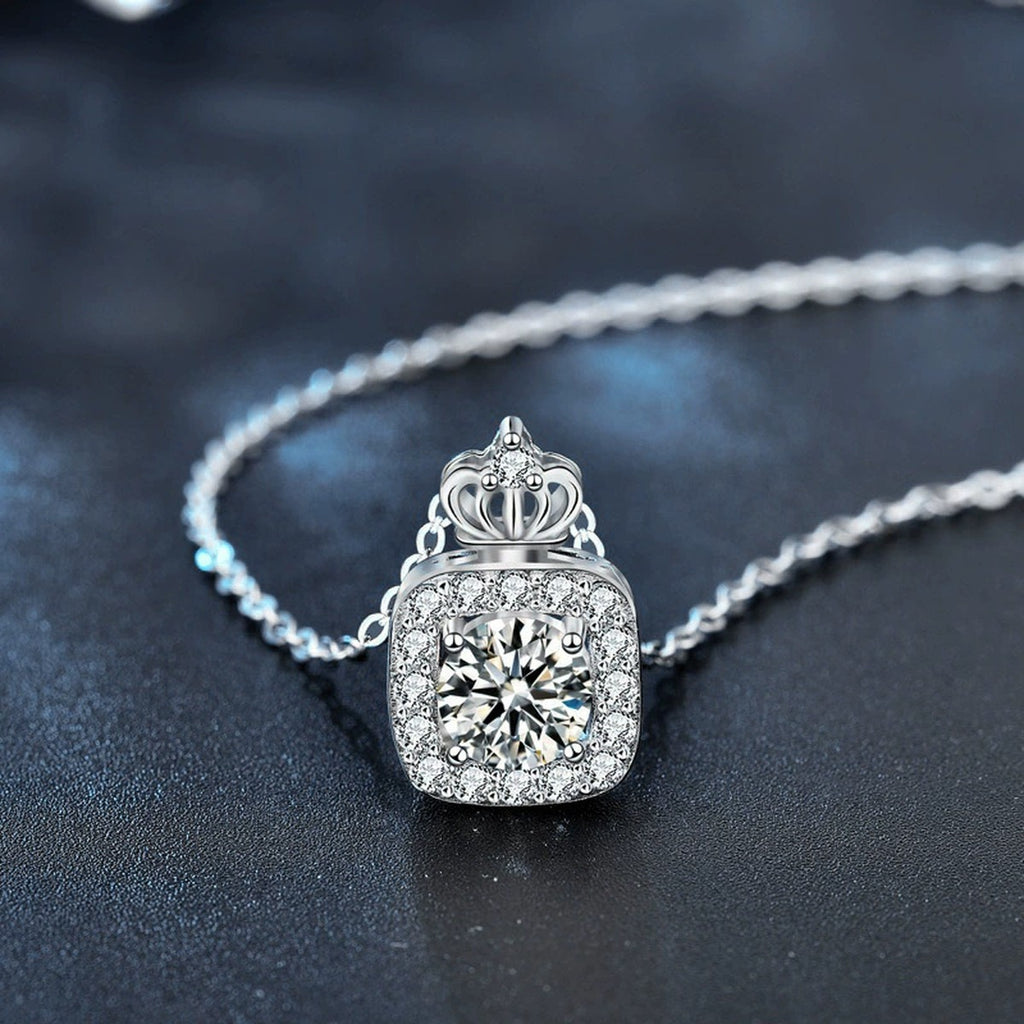 Perfume Bottle Round Moissanite Necklace with CZ in White Gold-Plated S925 sterling silver blue display scene showing chain and stone layout