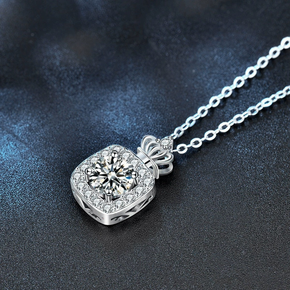 Perfume Bottle Round Moissanite Necklace with CZ in White Gold-Plated S925 sterling silver angled product detail view