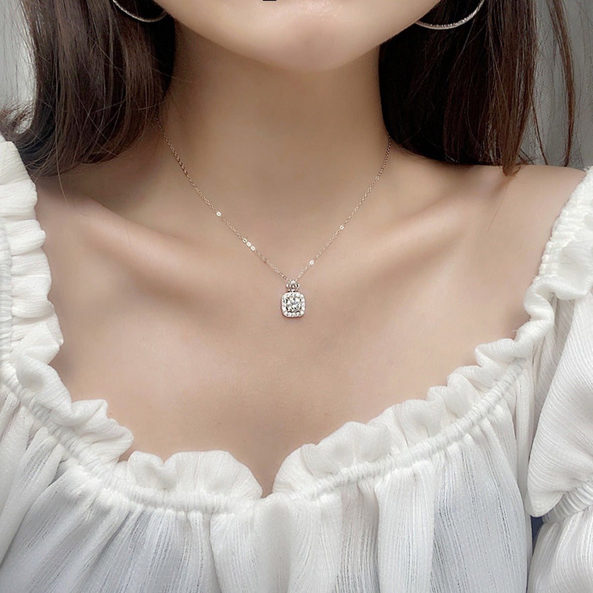 Perfume Bottle Round Moissanite Necklace with CZ in White Gold-Plated S925 sterling silver neckline model view showing pendant scale and chain length