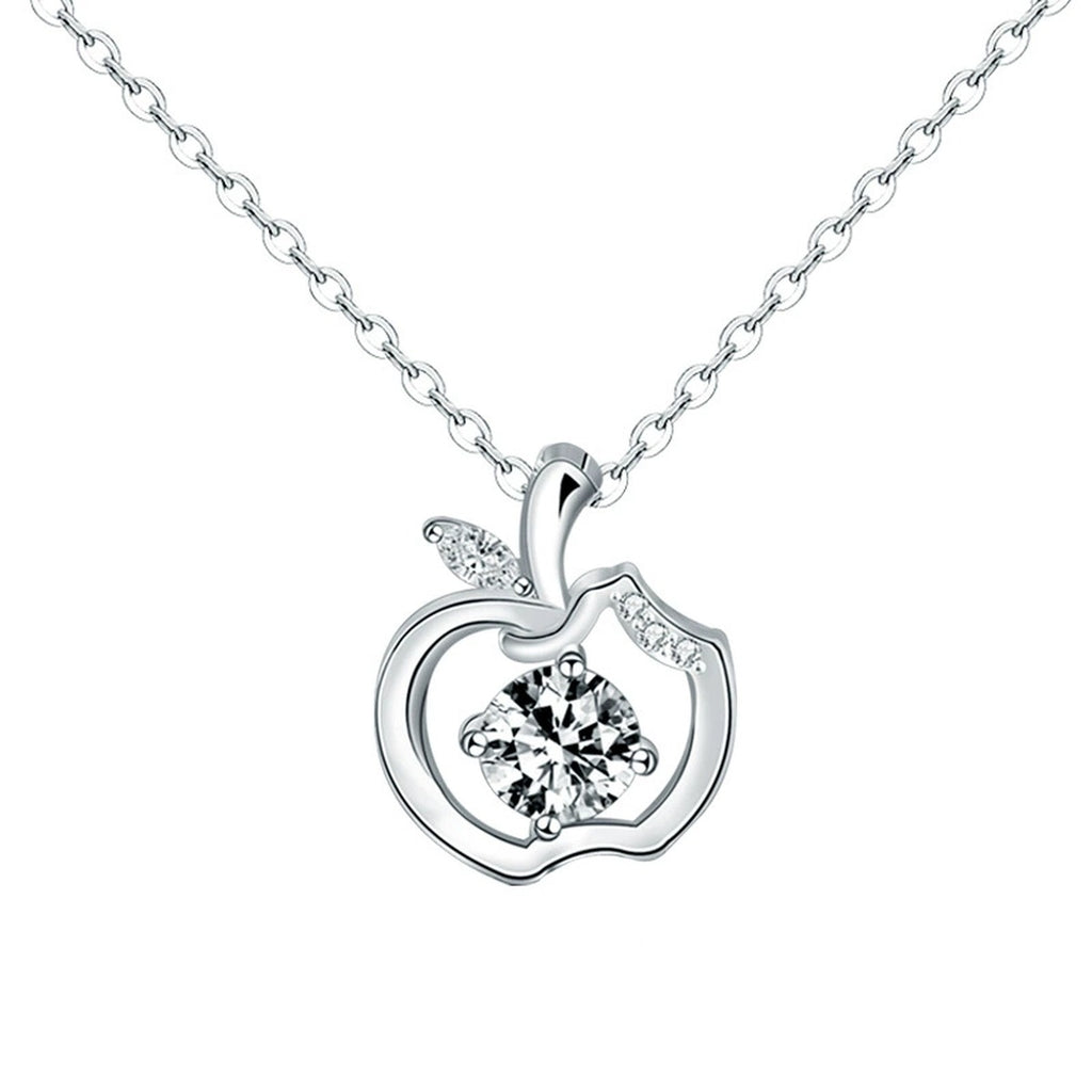 Apple Round Moissanite Necklace with CZ in White Gold-Plated S925 sterling silver white background product photo showing apple pendant with round moissanite center and CZ leaf accent