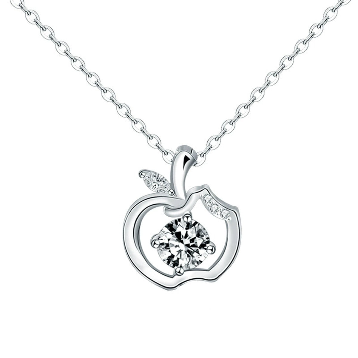 Apple Round Moissanite Necklace with CZ in White Gold-Plated S925 sterling silver white background product photo showing apple pendant with round moissanite center and CZ leaf accent