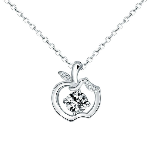 Apple Round Moissanite Necklace with CZ in White Gold-Plated S925 sterling silver white background product photo showing apple pendant with round moissanite center and CZ leaf accent