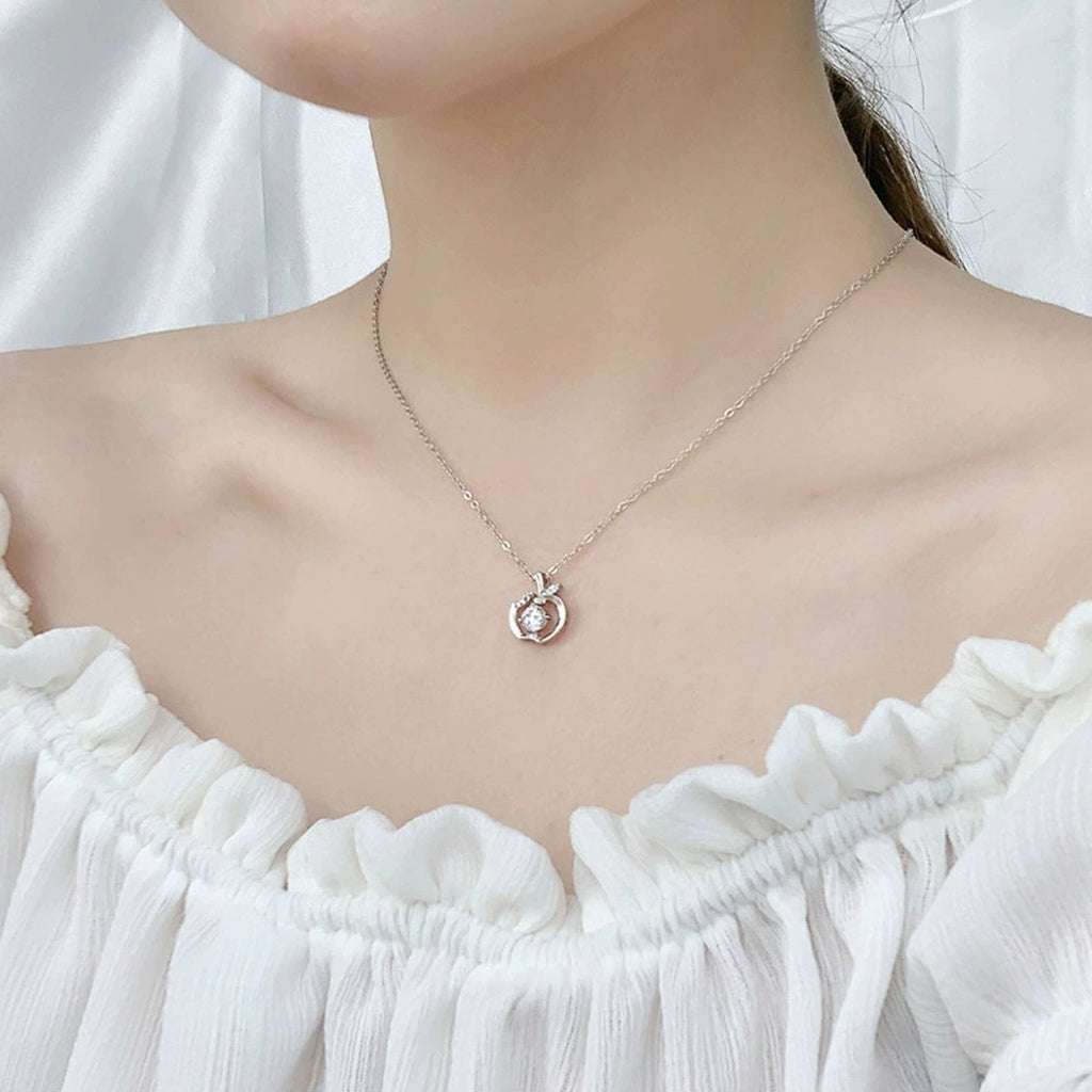 Apple Round Moissanite Necklace with CZ in White Gold-Plated S925 sterling silver neckline model view showing pendant scale and chain length
