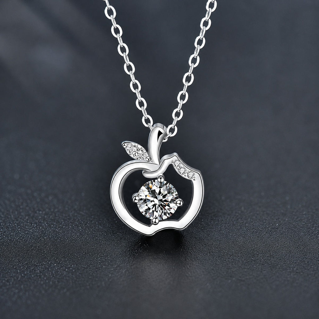 Apple Round Moissanite Necklace with CZ in White Gold-Plated S925 sterling silver close-up product scene showing pendant setting