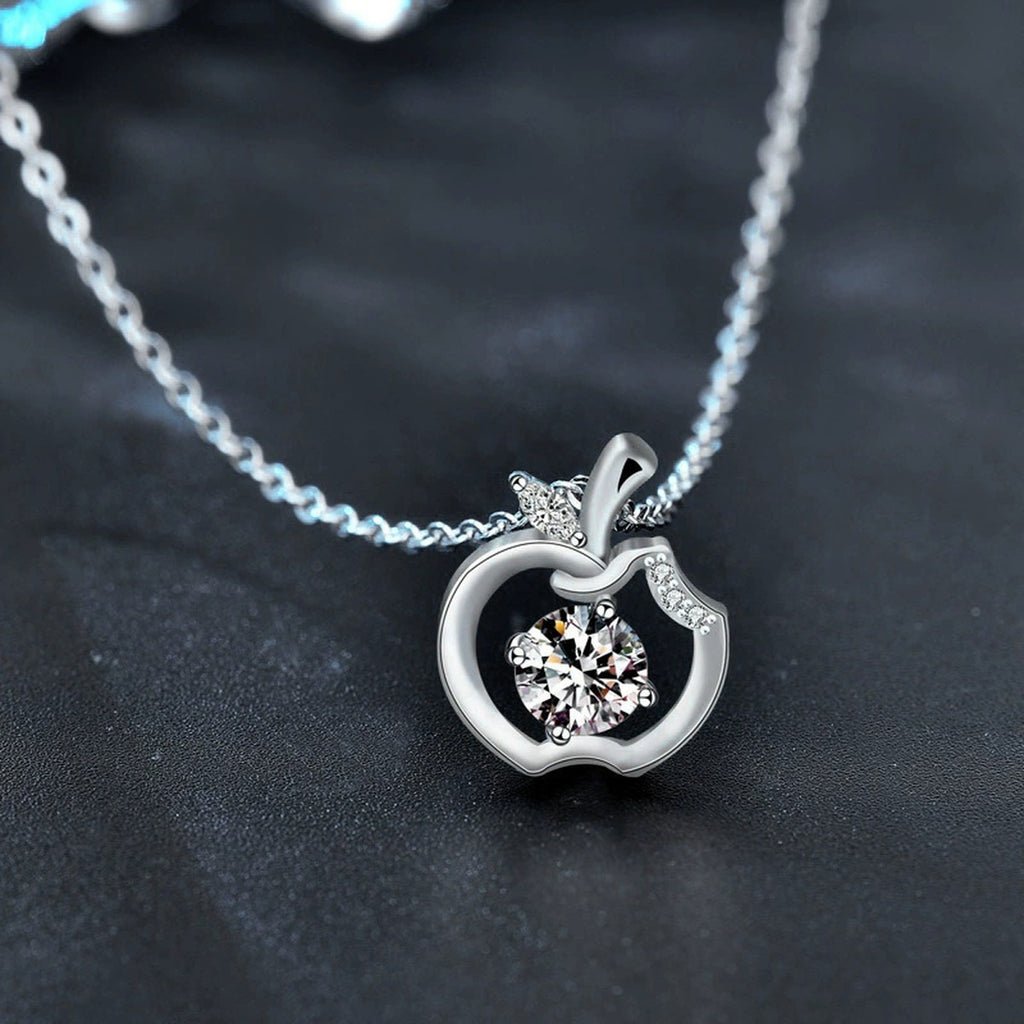 Apple Round Moissanite Necklace with CZ in White Gold-Plated S925 sterling silver blue display scene showing chain and stone layout