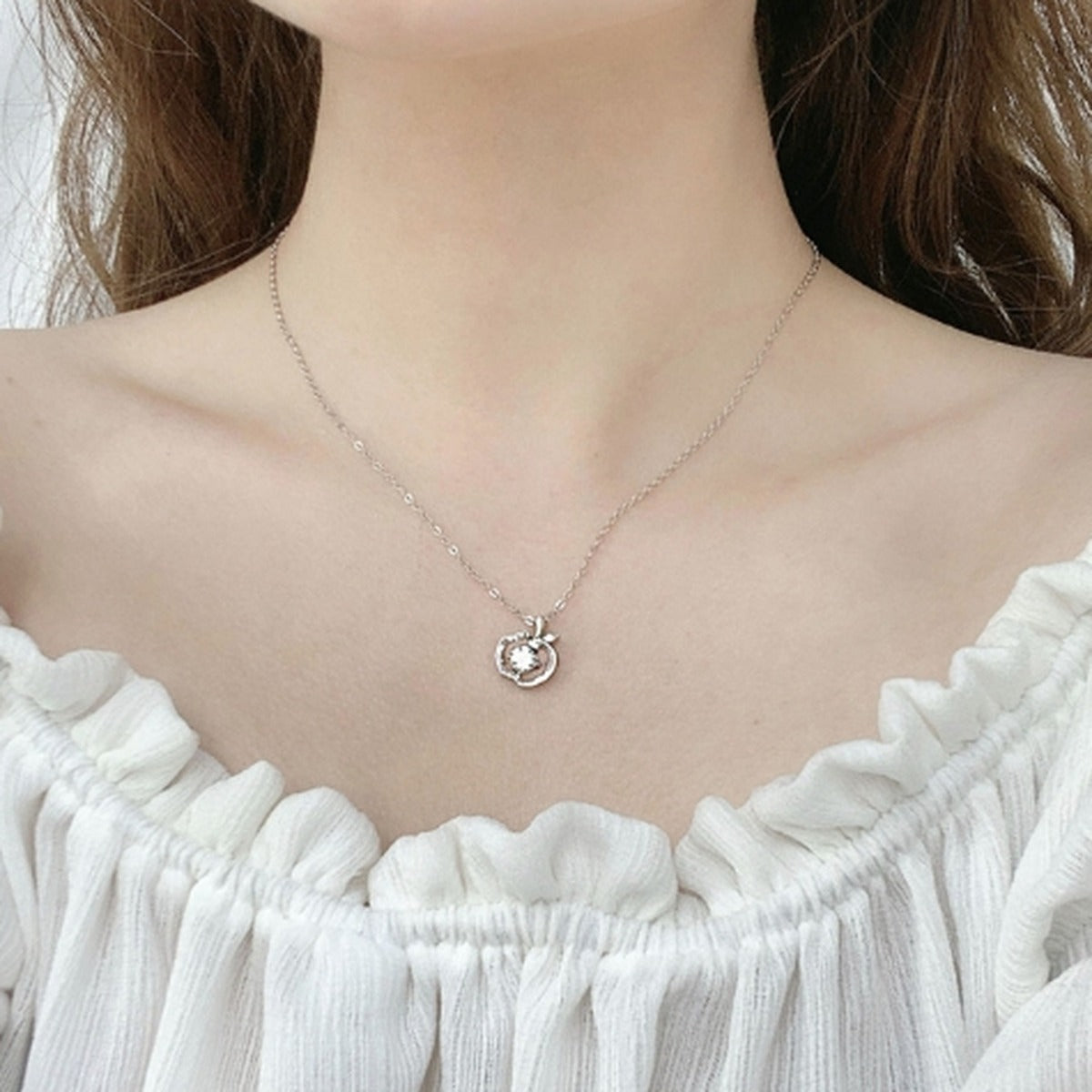 Apple Round Moissanite Necklace with CZ in White Gold-Plated S925 sterling silver neckline model view showing pendant scale and chain length
