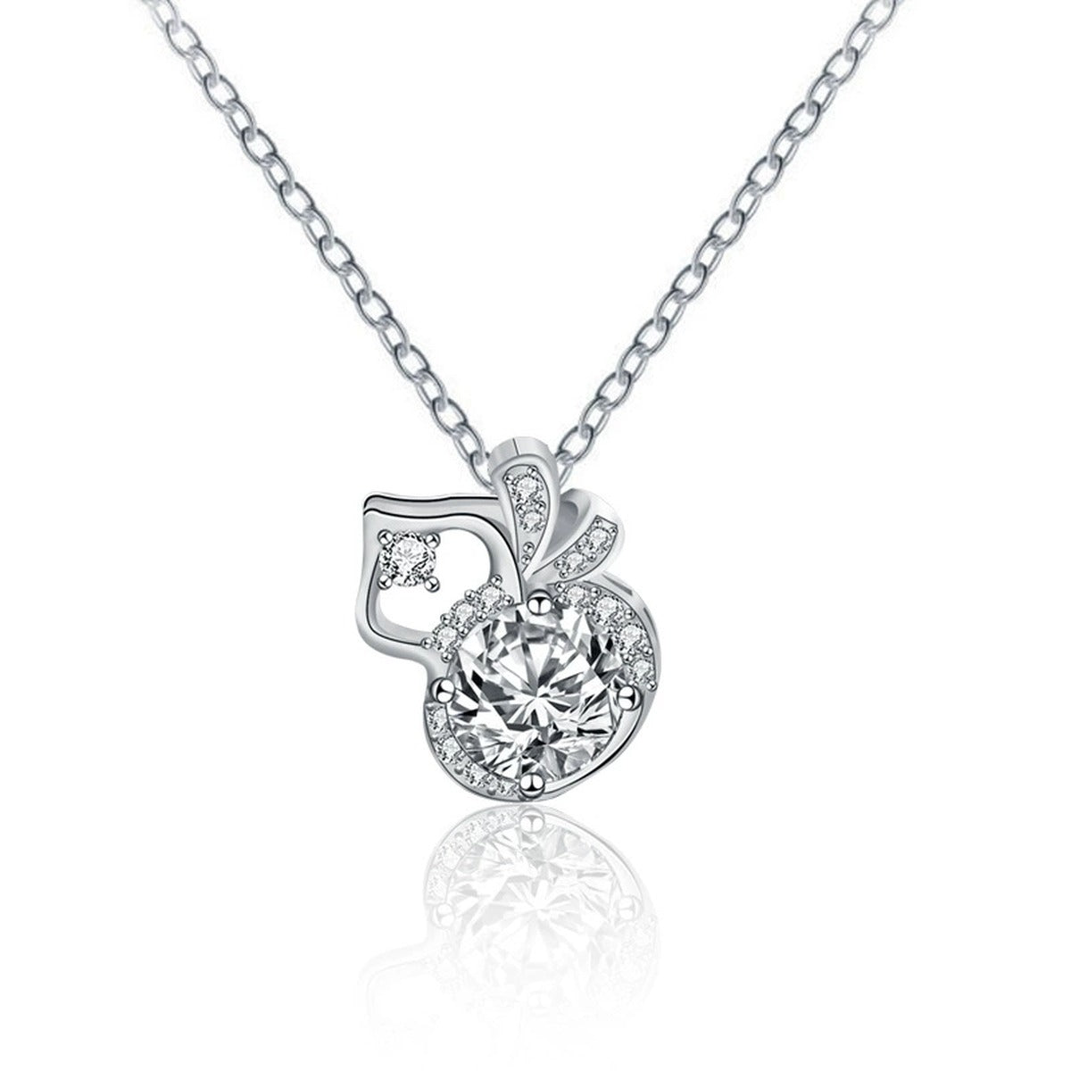 Gourd Round Moissanite Necklace with CZ in White Gold-Plated S925 sterling silver white background product photo showing gourd pendant with round moissanite center and CZ detail