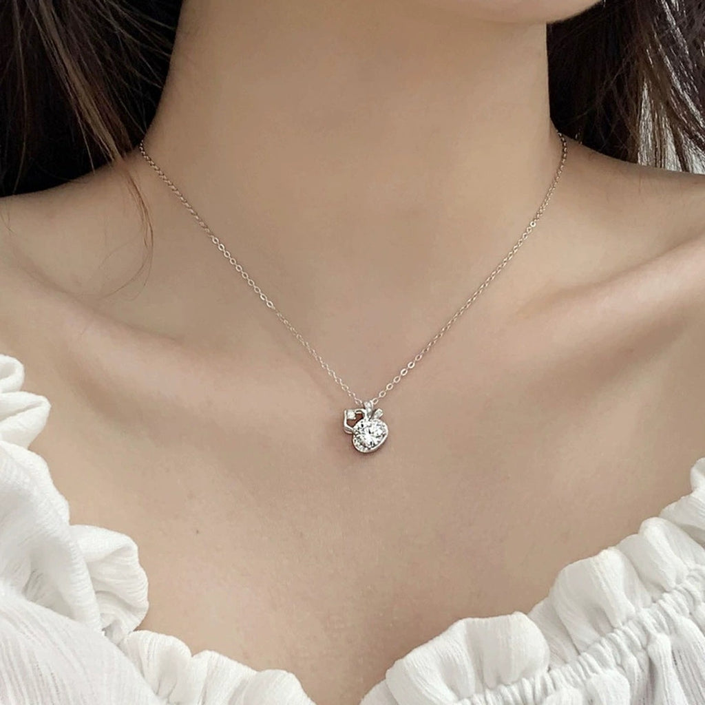 Gourd Round Moissanite Necklace with CZ in White Gold-Plated S925 sterling silver neckline model view showing pendant scale and chain length