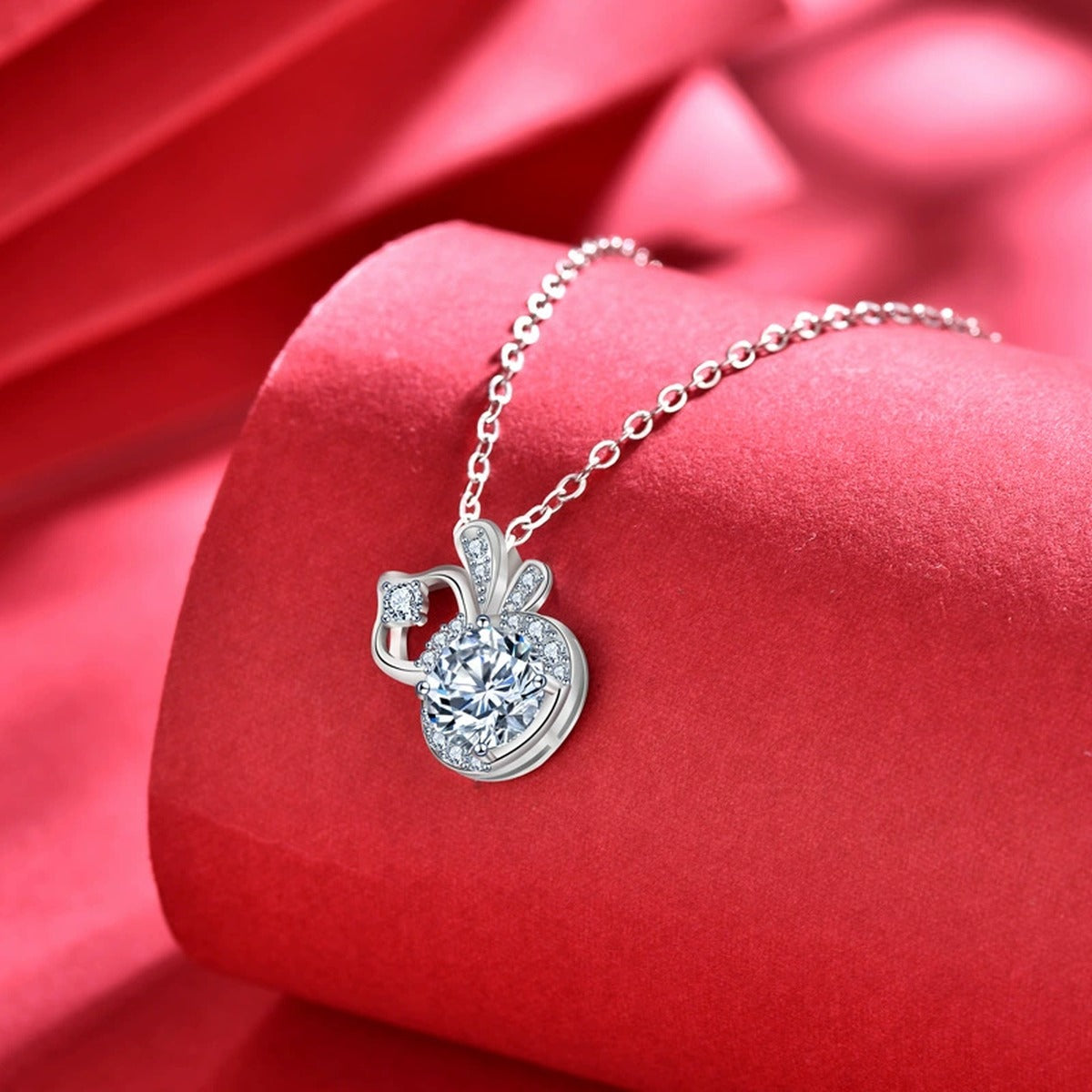 Gourd Round Moissanite Necklace with CZ in White Gold-Plated S925 sterling silver blue display scene showing chain and stone layout