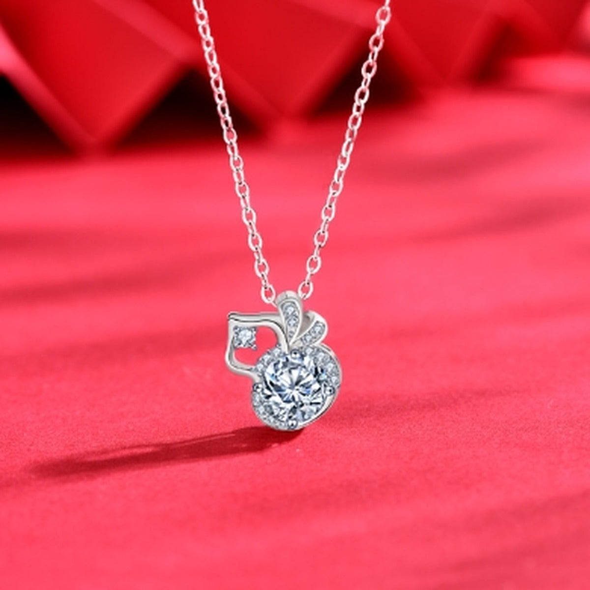 Gourd Round Moissanite Necklace with CZ in White Gold-Plated S925 sterling silver angled product detail view