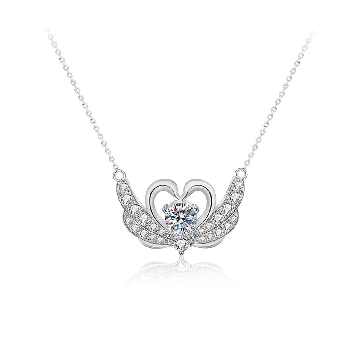 Swan Heart Round Moissanite Necklace with CZ in White Gold-Plated S925 sterling silver white background product photo showing swan and heart pendant with round moissanite center and CZ wings
