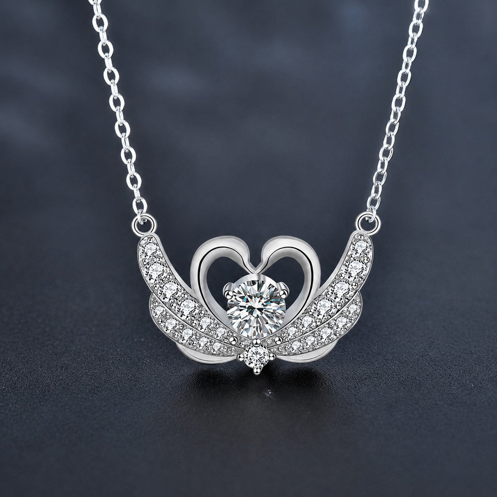 Swan Heart Round Moissanite Necklace with CZ in White Gold-Plated S925 sterling silver close-up product scene showing pendant setting