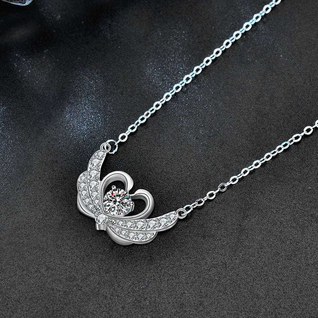 Swan Heart Round Moissanite Necklace with CZ in White Gold-Plated S925 sterling silver blue display scene showing chain and stone layout