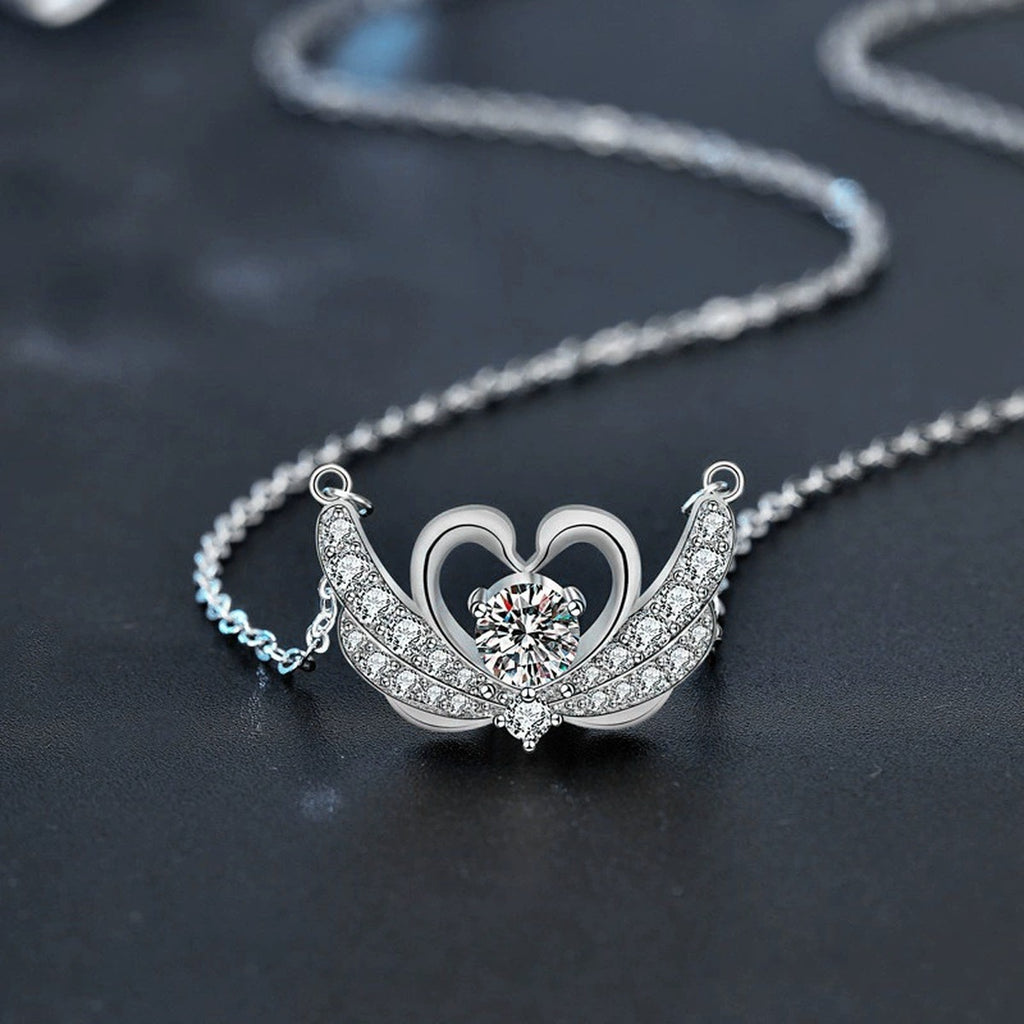Swan Heart Round Moissanite Necklace with CZ in White Gold-Plated S925 sterling silver angled product detail view