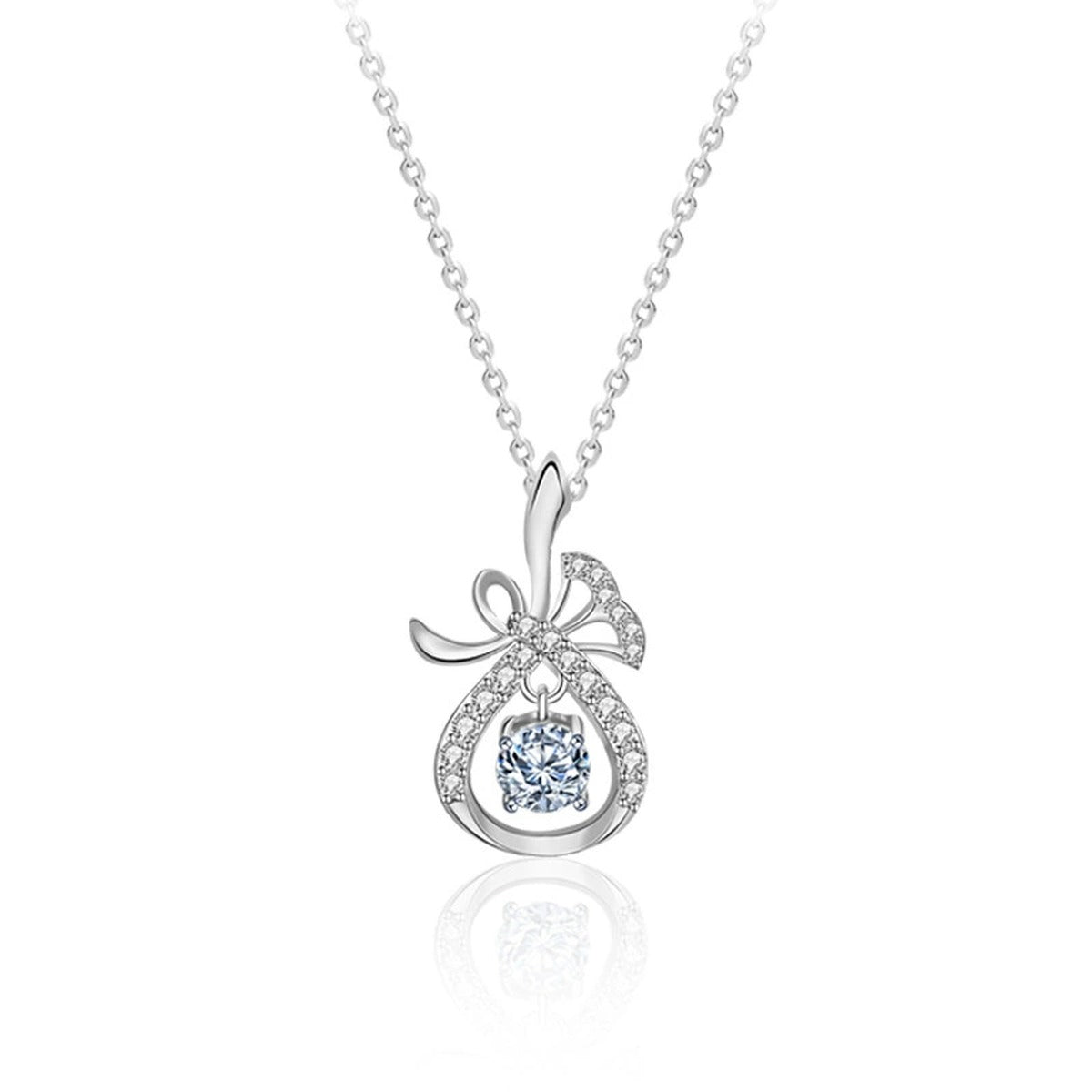 Magic Bag Round Moissanite Necklace with CZ in White Gold-Plated S925 sterling silver white background product photo showing magic bag pendant with round moissanite center and CZ bow-like top