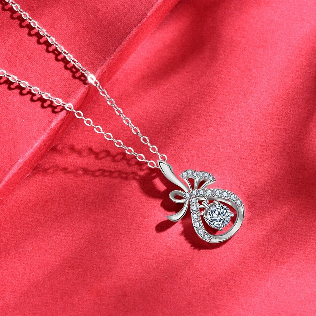 Magic Bag Round Moissanite Necklace with CZ in White Gold-Plated S925 sterling silver angled product detail view